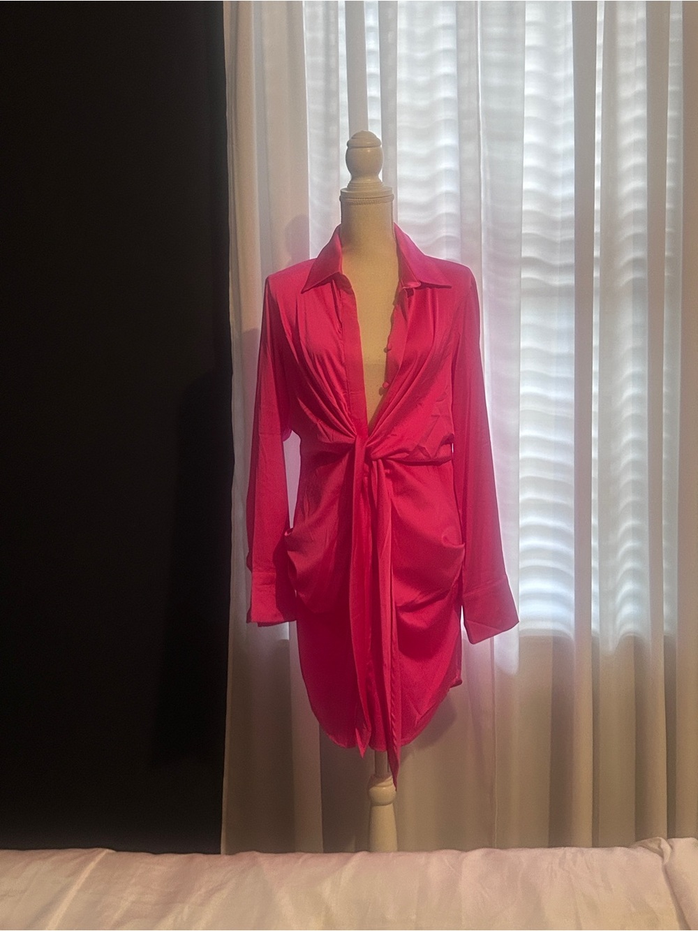 Satin Tie-Front Dress Hot Pink